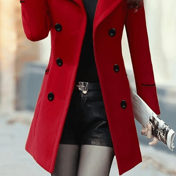 Red Elegant Women's Double-Breasted Lapel Coat - Picture 2 of 5